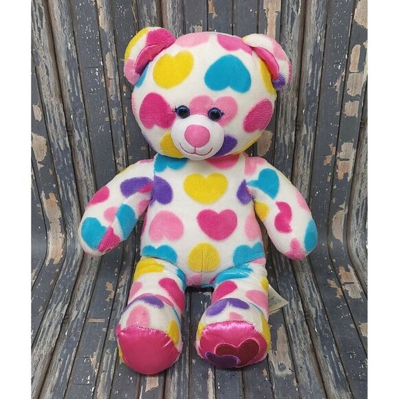Build a Bear Workshop Colorful Pastel Hearts Plush Stuffed 16" Teddy Bear Toy - Picture 1 of 10